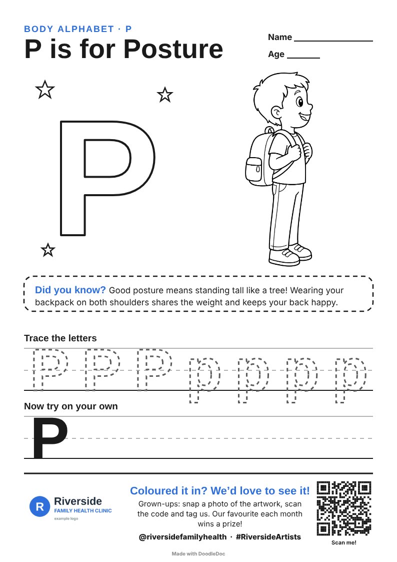 P is for Posture colouring sheet: a child wearing a backpack on both shoulders