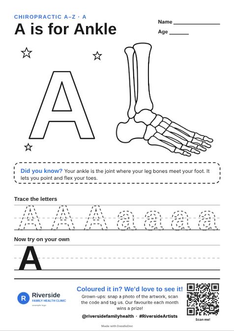 A is for Ankle – chiropractic colouring sheet for kids with letter tracing