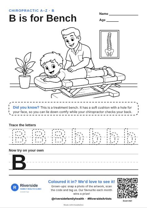 B is for Bench – chiropractic colouring sheet for kids with letter tracing