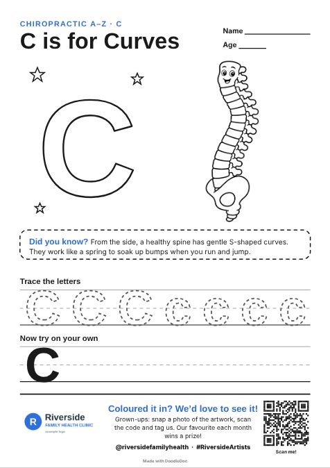 C is for Curves – chiropractic colouring sheet for kids with letter tracing