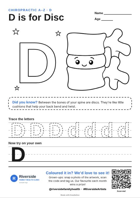 D is for Disc – chiropractic colouring sheet for kids with letter tracing