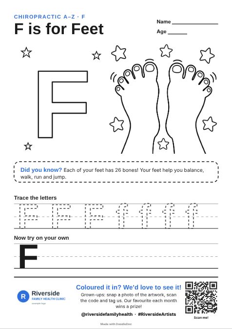 F is for Feet – chiropractic colouring sheet for kids with letter tracing