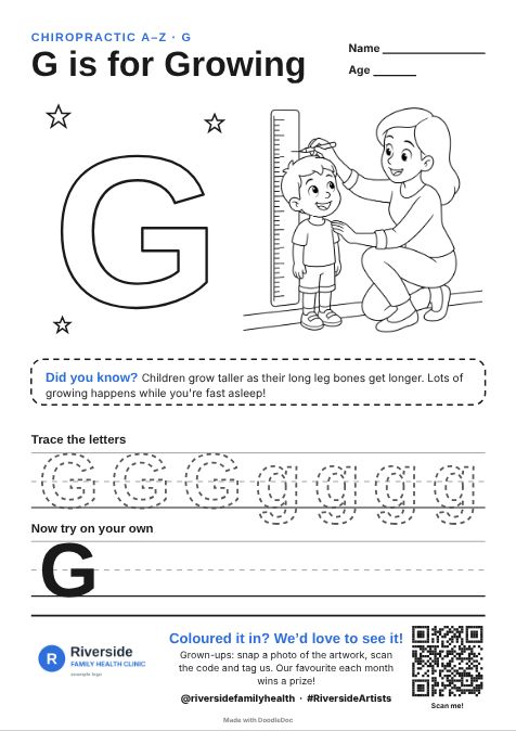 G is for Growing – chiropractic colouring sheet for kids with letter tracing