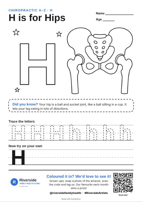 H is for Hips – chiropractic colouring sheet for kids with letter tracing