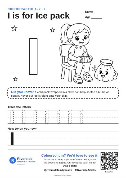 I is for Ice pack – chiropractic colouring sheet for kids with letter tracing