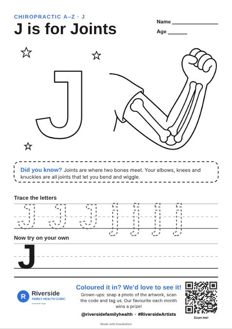 J is for Joints – chiropractic colouring sheet for kids with letter tracing