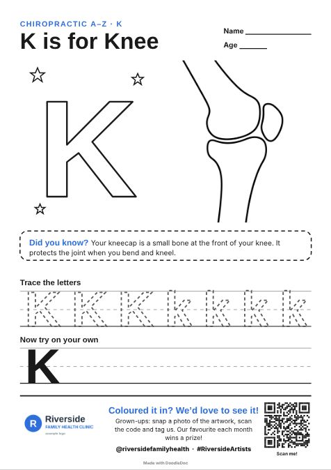 K is for Knee – chiropractic colouring sheet for kids with letter tracing