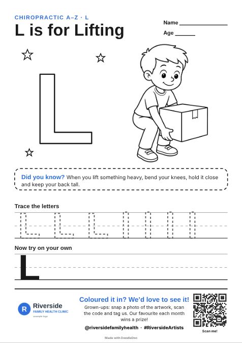 L is for Lifting – chiropractic colouring sheet for kids with letter tracing