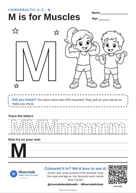 M is for Muscles – chiropractic colouring sheet for kids with letter tracing