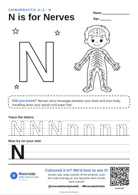 N is for Nerves – chiropractic colouring sheet for kids with letter tracing