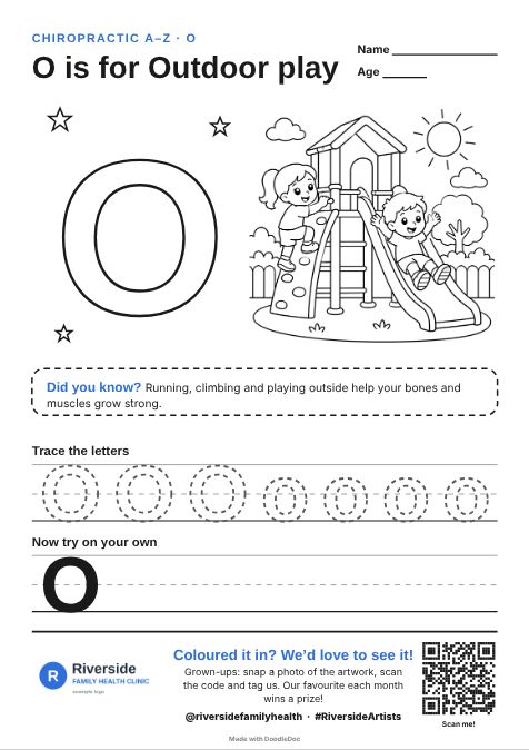 O is for Outdoor play – chiropractic colouring sheet for kids with letter tracing