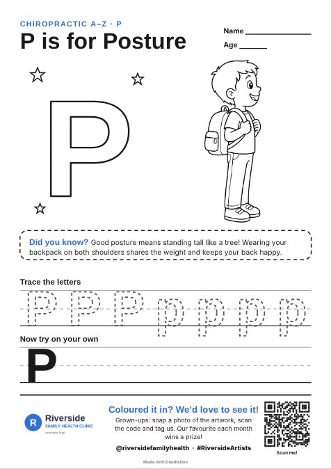 P is for Posture – chiropractic colouring sheet for kids with letter tracing