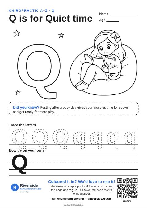 Q is for Quiet time – chiropractic colouring sheet for kids with letter tracing
