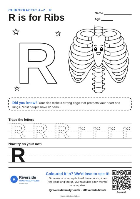 R is for Ribs – chiropractic colouring sheet for kids with letter tracing
