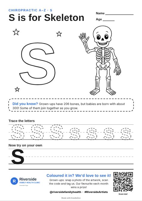 S is for Skeleton – chiropractic colouring sheet for kids with letter tracing