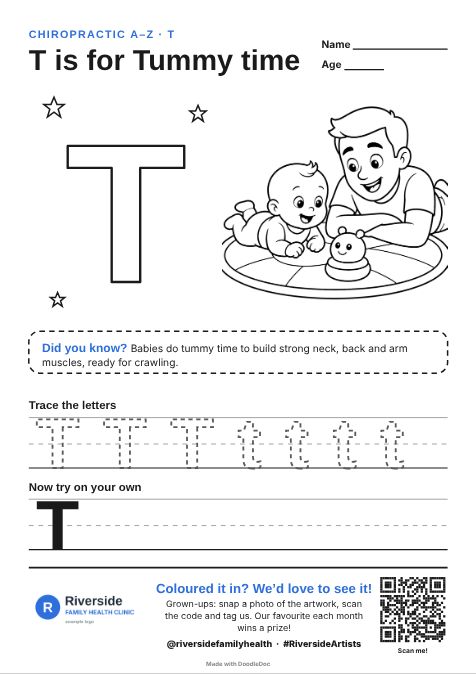 T is for Tummy time – chiropractic colouring sheet for kids with letter tracing