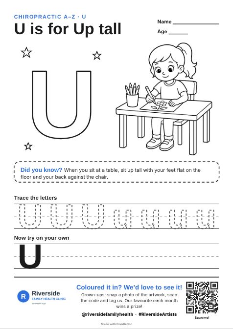 U is for Up tall – chiropractic colouring sheet for kids with letter tracing