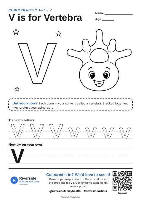 V is for Vertebra – chiropractic colouring sheet for kids with letter tracing