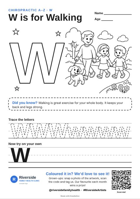 W is for Walking – chiropractic colouring sheet for kids with letter tracing