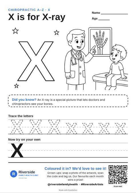 X is for X-ray – chiropractic colouring sheet for kids with letter tracing