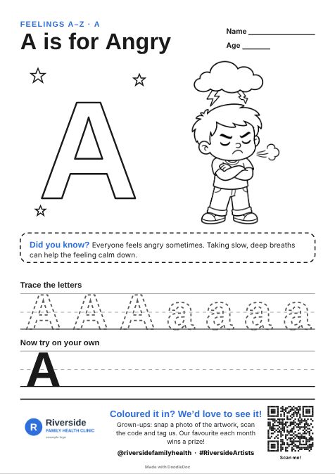 A is for Angry – counselling colouring sheet for kids with letter tracing