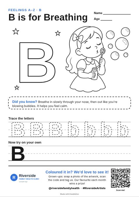 B is for Breathing – counselling colouring sheet for kids with letter tracing