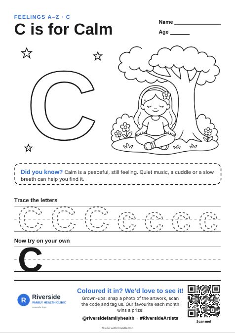 C is for Calm – counselling colouring sheet for kids with letter tracing
