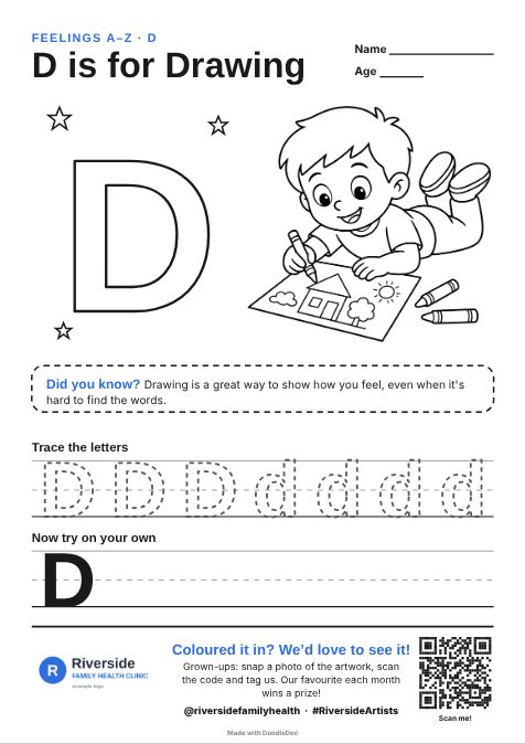 D is for Drawing – counselling colouring sheet for kids with letter tracing