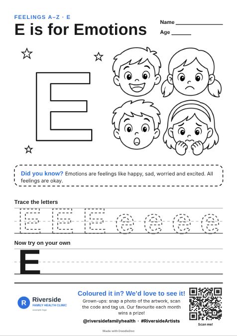 E is for Emotions – counselling colouring sheet for kids with letter tracing