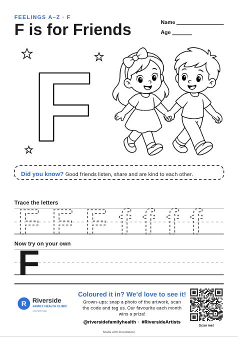 F is for Friends – counselling colouring sheet for kids with letter tracing