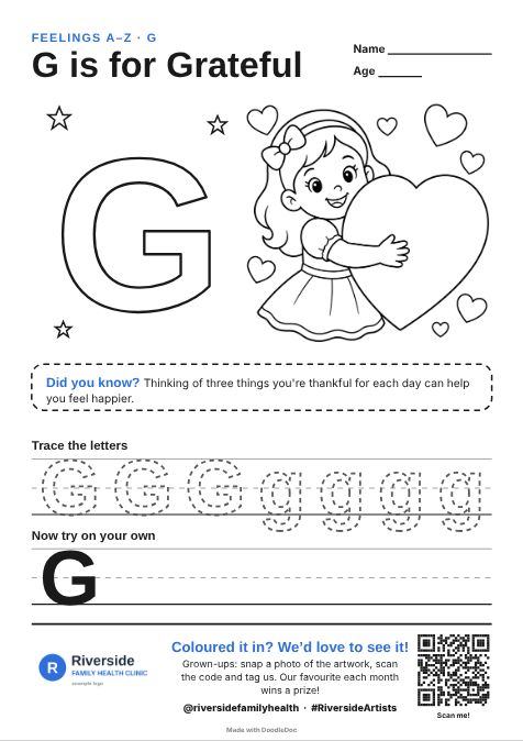 G is for Grateful – counselling colouring sheet for kids with letter tracing