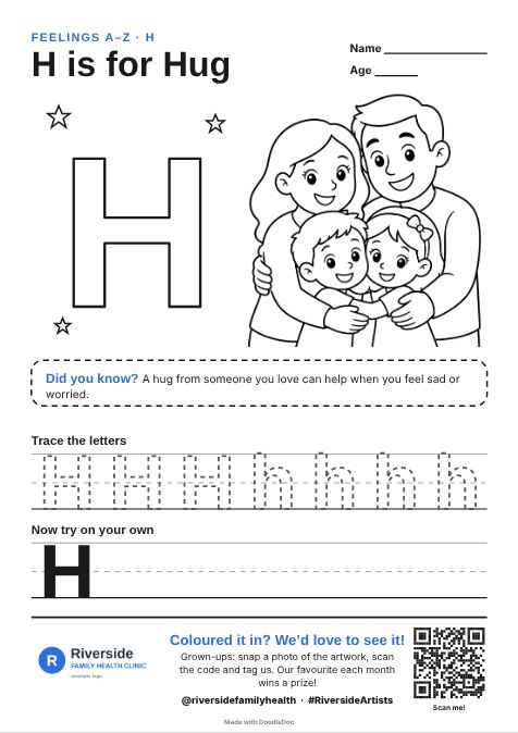 H is for Hug – counselling colouring sheet for kids with letter tracing