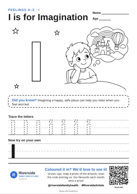 I is for Imagination – counselling colouring sheet for kids with letter tracing