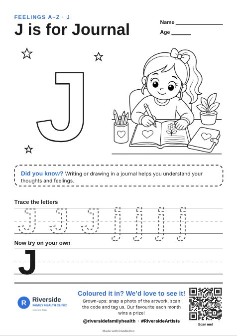 J is for Journal – counselling colouring sheet for kids with letter tracing