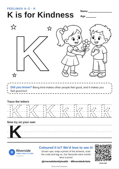 K is for Kindness – counselling colouring sheet for kids with letter tracing