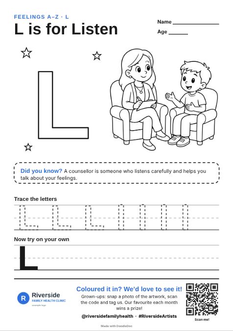 L is for Listen – counselling colouring sheet for kids with letter tracing