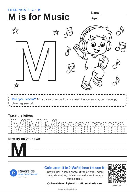 M is for Music – counselling colouring sheet for kids with letter tracing