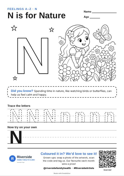 N is for Nature – counselling colouring sheet for kids with letter tracing