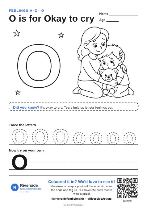 O is for Okay to cry – counselling colouring sheet for kids with letter tracing
