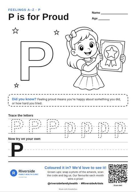 P is for Proud – counselling colouring sheet for kids with letter tracing