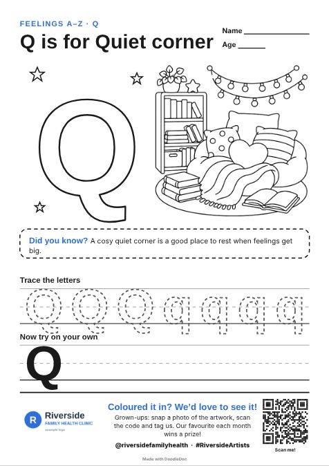 Q is for Quiet corner – counselling colouring sheet for kids with letter tracing