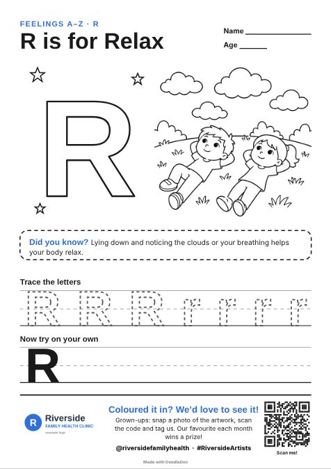 R is for Relax – counselling colouring sheet for kids with letter tracing