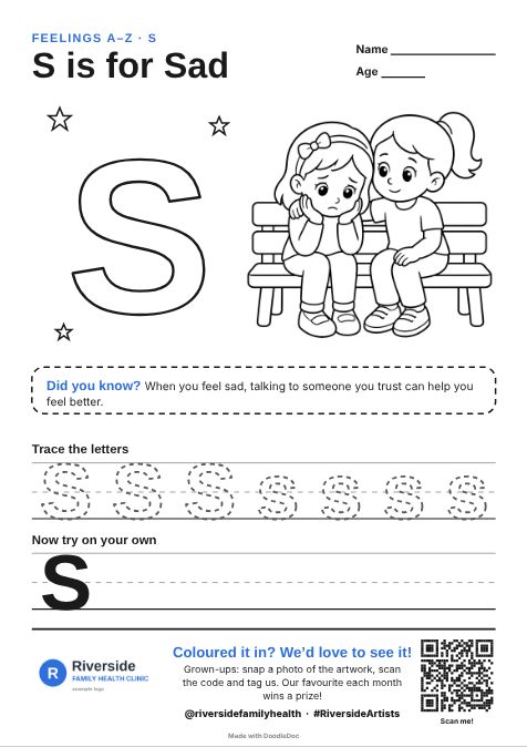 S is for Sad – counselling colouring sheet for kids with letter tracing