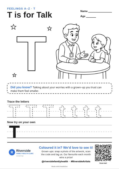 T is for Talk – counselling colouring sheet for kids with letter tracing