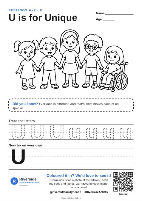 U is for Unique – counselling colouring sheet for kids with letter tracing