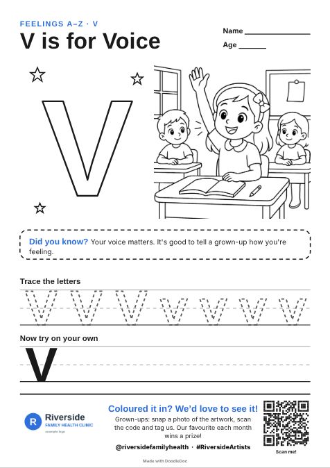 V is for Voice – counselling colouring sheet for kids with letter tracing