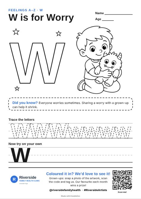 W is for Worry – counselling colouring sheet for kids with letter tracing