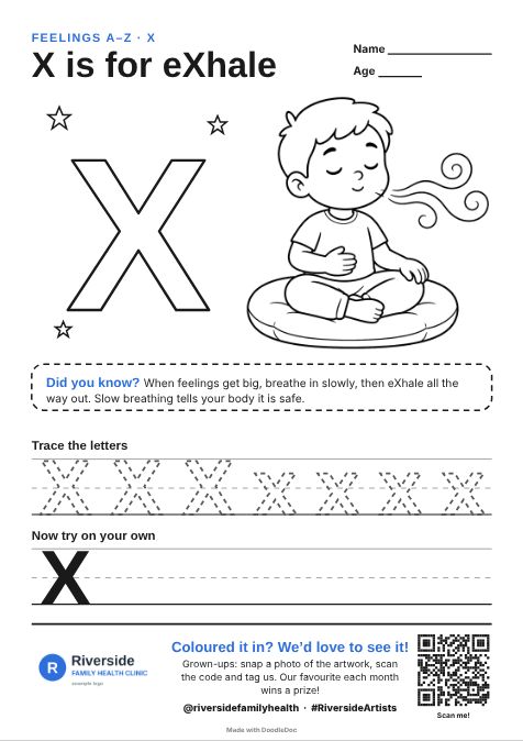 X is for eXhale – counselling colouring sheet for kids with letter tracing