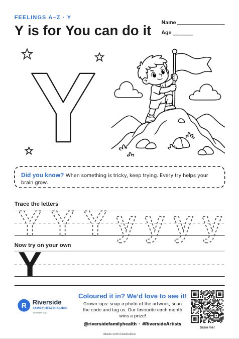 Y is for You can do it – counselling colouring sheet for kids with letter tracing