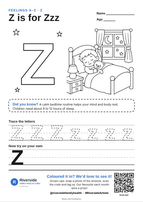 Z is for Zzz – counselling colouring sheet for kids with letter tracing